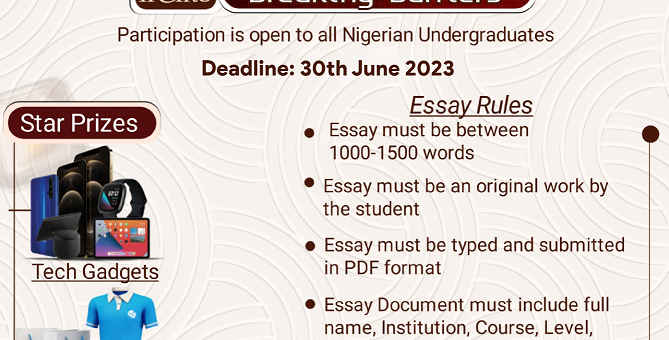 This year's NCYA features an essay writing competition with the theme "Breaking Barriers." The essay competition is open to all Nigerian undergraduates who want to showcase their writing skills and creativity in commemoration of our focus on recognizing and celebrating Nigerian youths overcoming adversity and making a difference.