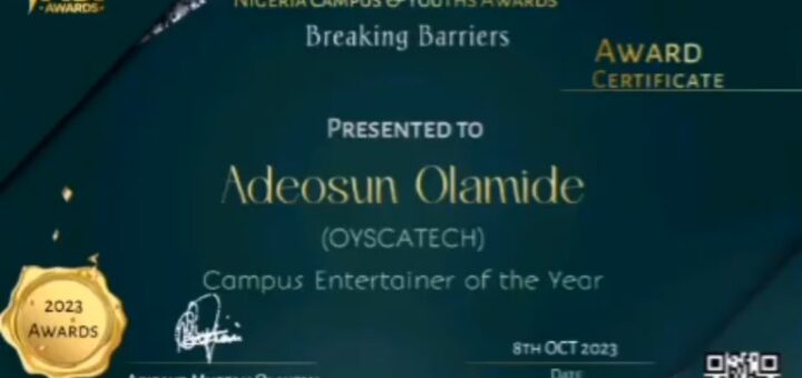Adeosun Olamide Abraham, NCYAWARDS 2023 Campus Entertainer Of The Year